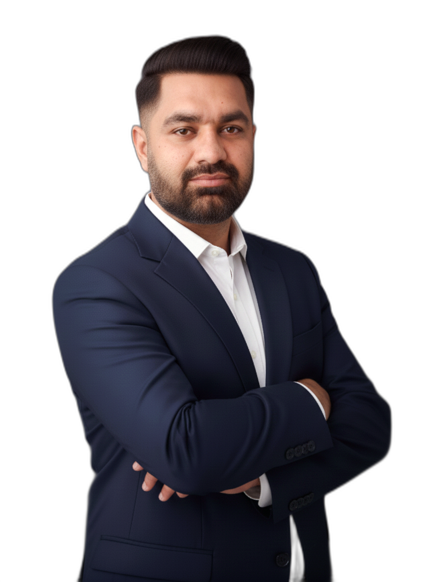 Jawad — About page profile image, wearing a navy suit against a dark background